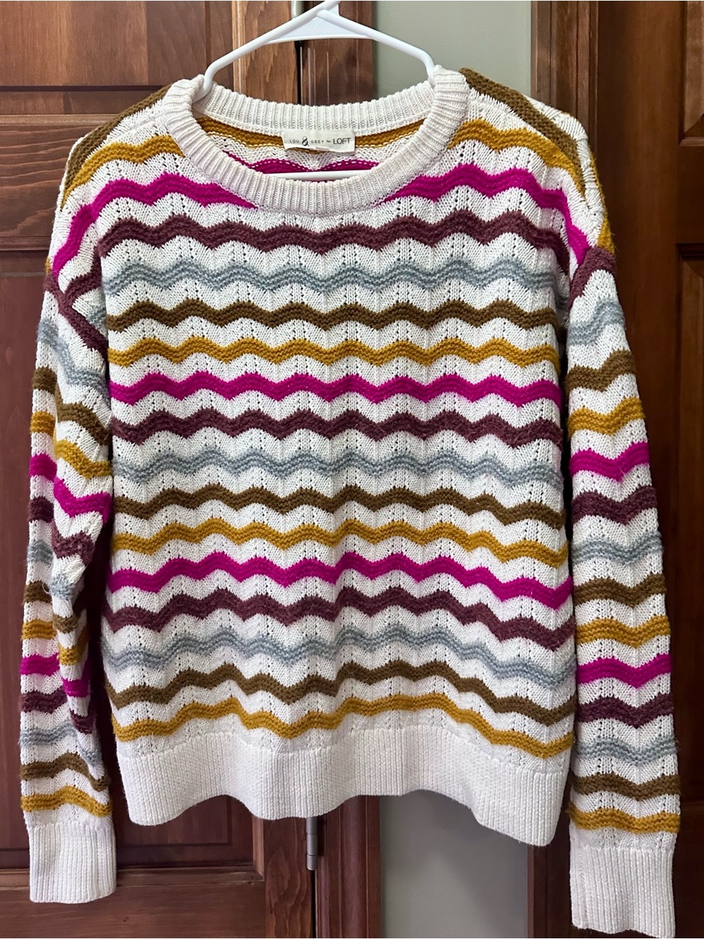 LOFT Chevron Stripe Crewneck Sweater in White, Pink, Mustard & Gray